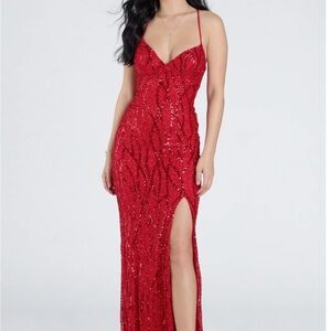 Lace-Up Slit Sequin Beaded Formal Dress